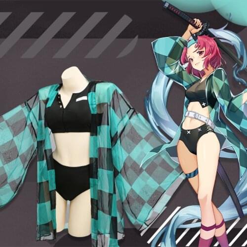 Anime Demon Slayer Green Swimsuit Kamado Tanjirou Cosplay Costume Kimetsu No Yaiba Train Mugen Bikini Swimsuit Set Swimwear Girl