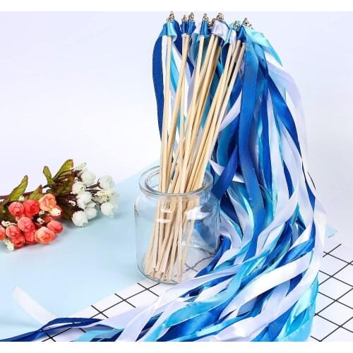 50/20 Colorful Stain Lace Ribbon Wedding Stick Mixed Color Wedding Wands With Gold Bells Wedding Party Celebration Decoration