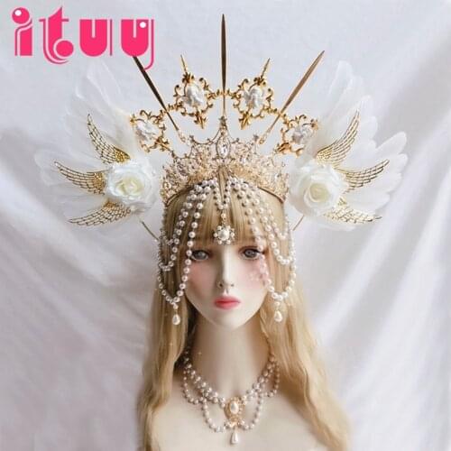 Lolita White Rose Angel Feather Wing Gold KC Halo Crown Hair Accessories Virgin Mary Goddess Sun Pearl Chain Tassels Headwear