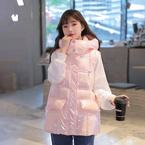Fashion Girl Vest Warm 2021 Winter Womens Vests Female Coat Hooded New Waistcoat Ladies Outerwear Pink