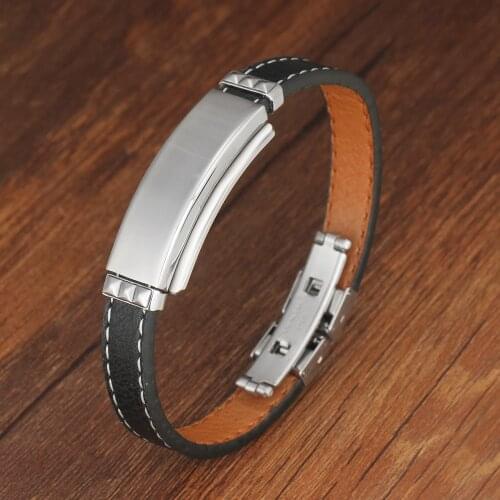 Customize Engraving Leather Bracelets For Men Stainless Steel Bar ID Medical Alert Bracelets & Bangles