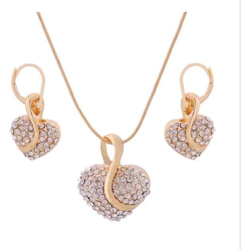 New Arrival Yellow Golden Plated Heart Clear Austrian Crystal Earing and Necklace Sets Chain Jewelry Set For Women Free Gifts