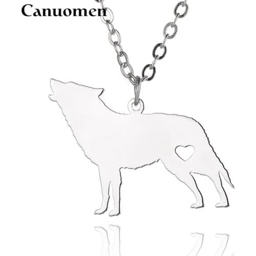 Canuomen Wolf Pendant Necklace with Love Heart Stainless Steel Pet Animals Lover Link Chain for Men and Women Charm Jewelry