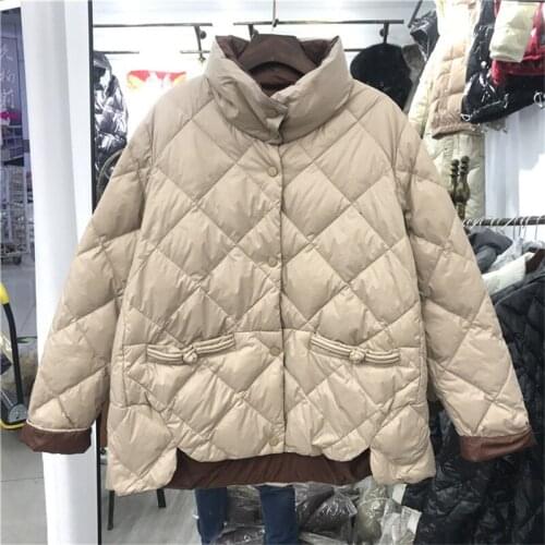 Vintage Stand Collar Women Puffer Jacket Single-breasted Long Sleeve Lightweight Down Jacket Irregular Hem Winter Female Parkas