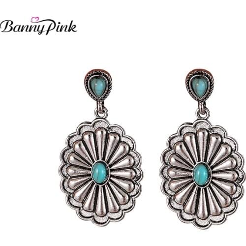 Banny Pink Ethnic Synthetic Stone Oval Pendant Dangle Earrings Vintage Metal Drop Earrings Fashion Jewelry Pendientes