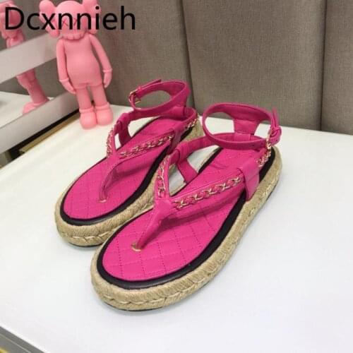 Straw Hemp Rope Genuine Leather Sweet Sandals Summer New Style All-match Metal Chain Fisherman Flip Flops Beach Sandals Women
