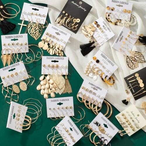 New Statement Fashion Stainless Steel Earrings Set Retro Pearl Acrylic Set Earrings Jewelry For Women Bohemia Set Of Earrings