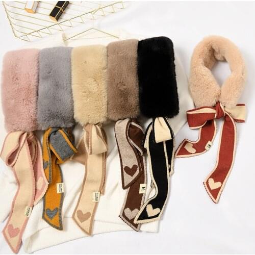 Ladies Winter Fashion Soft Fluffy Faux Fur Collar Long Narrow Heart Printed Knitted Skinny Scarf Warm Neckerchief