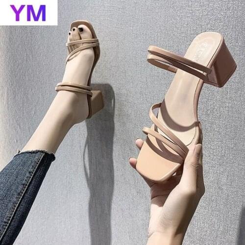 2021 Women Sandals Chunky Heels Brand Slides Summer Flip Flops Narrow Band Sandal Elegant Mule Shoes Women Slipper Big Size 42