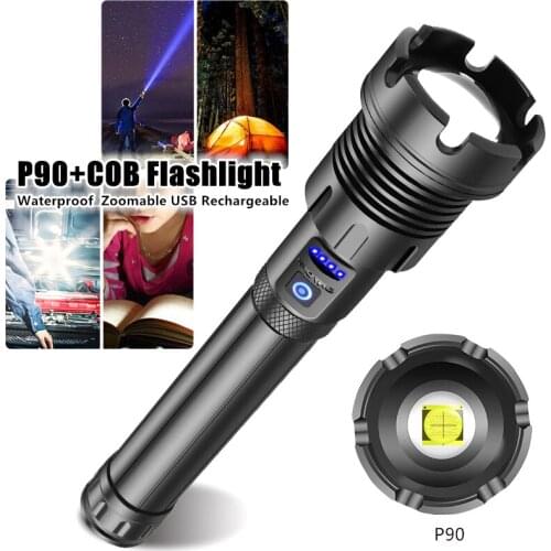 Super Bright COB LED XHP90 Powerful Flashlight Rechargeable LED Hand Lamp Zoom Tactical Lantern Flashlight Hiking USB Torch