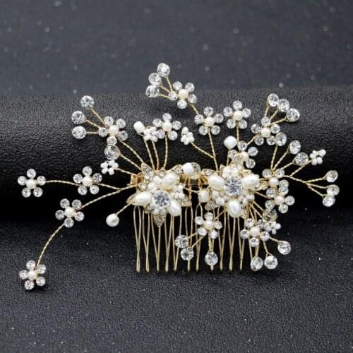 Bridal Women Gold Pearl Bead Hair Comb Tiaras Crystal Flower Hair Combs Jewelry for Bride Headpiece Wedding Hair Accessories