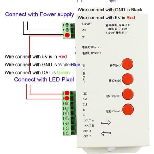T-1000S SD card led pixel controller for ws2811/ws2801rgb controlers,DC5V / 7.5-24V Free Shipping