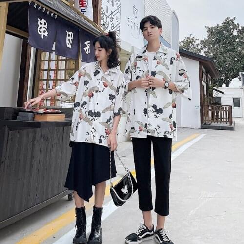 Japanese loose-fitting slim floral shirt-back skirt 2 pieces couples clothes couples clothing