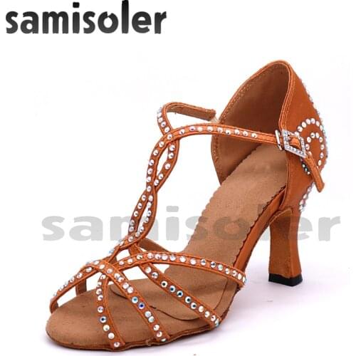 Samisoler Latin Dance Shoes Women NEW Bronze Slik Satin Shining Rhinestone Cuba high heel7.5cm Salsa Ballroom dancing shoes