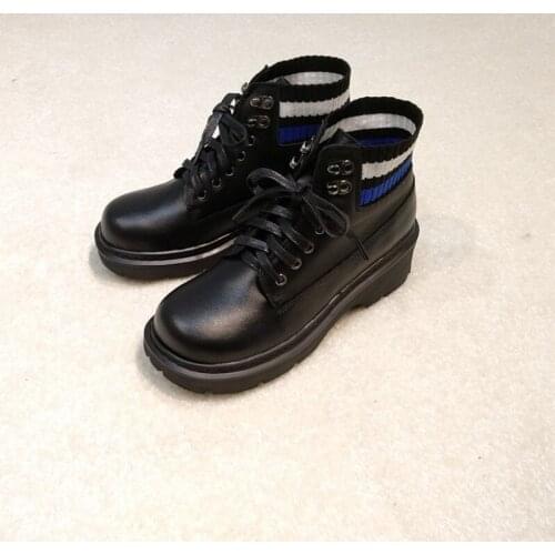 Winter Women Patchwork Socks Boots Fashion Casual Block Heels Genuine Leather Ankle Boots Lace Up Round Toe Bikers Leather Shoes