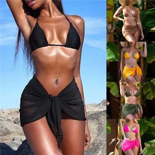 3Pcs Ladies Sexy Beachwear Suit Summer Women Solid Color Hanging Neck Tie Up Split Swimwear Overskirt for Holiday Vacation