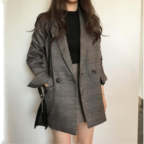 Vintage Loose Women Plaid Blazer 2021 Autumn Chic Double Breasted Female Full Sleeve Suit Jackets Stylish Ladies Blazer WB121