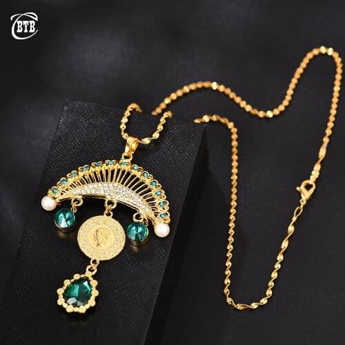 Gold Allah Middle East Arab Turkish Coins Jewelry Crystal Ethnic Gifts Turkey Ataturk Pendant Muslim Islam Necklaces for Women