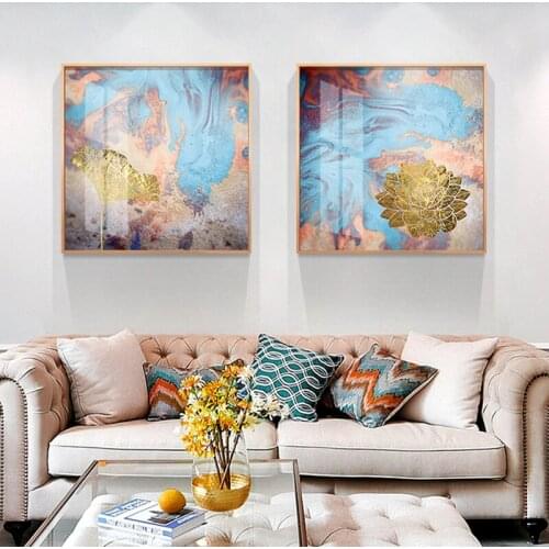 Abstract Flowing Colored Flowers Canvas Painting Golden Lotus Posters and Prints Modern Wall Art Pictures for Living Room Decor