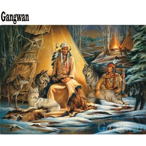 DIY Diamond Painting Cross Stitch 5D Primitive life Mosaic Native Indians With Wolf Group Full Square Drill Diamond Embroidery