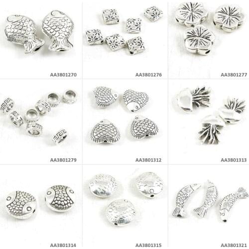 Antique Silver Tone Jewelry Charms Fish Loose Beads Jellyfish Big Hole Cherry Blossoms Flower Square Bracelet Beading Crafting