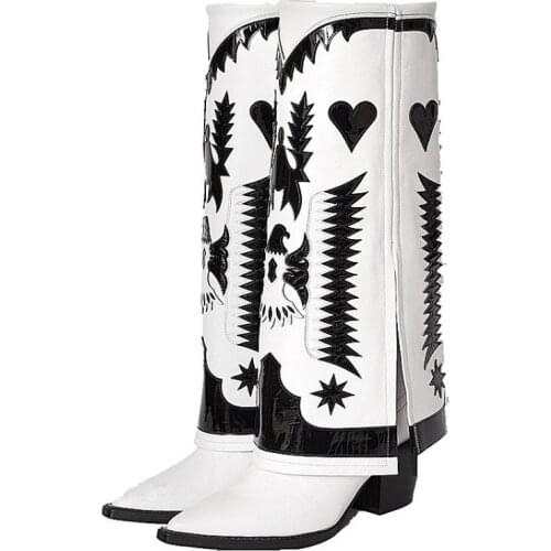 2021 womens autumn and winter new leather fashion embroidered ankle boots white stitching thick heel pointed boots