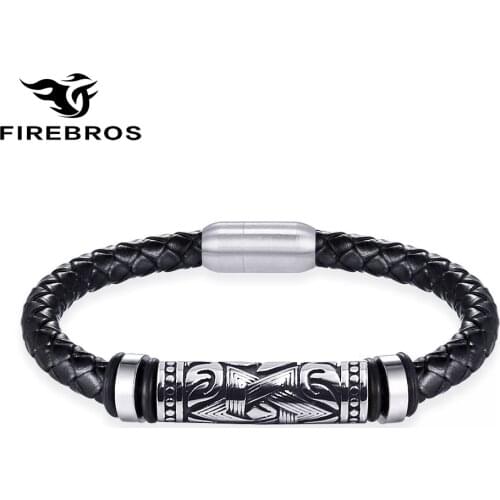 FIREBROS 2021 Magnet Clasp Stainless Steel Star of David Genuine Leather Bracelet Men Punk Antique Israel Religious Jewelry Gift