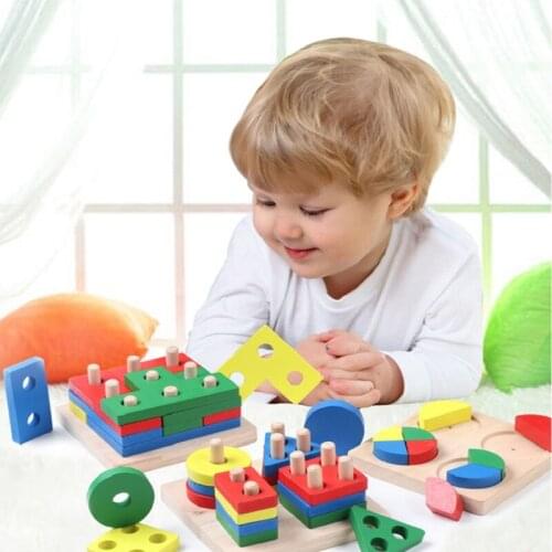 Children Montessori Wooden Building Blocks DIY Geometric Shape Matching Board Model Set Early Education Educational Toys