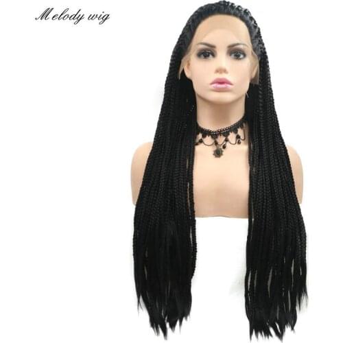 Melody Synthetic Lace Front Wig Handmade Long Yaki Braided Box Braids 1B#Natural Black for Women Natural Looking Drag Queen Hair