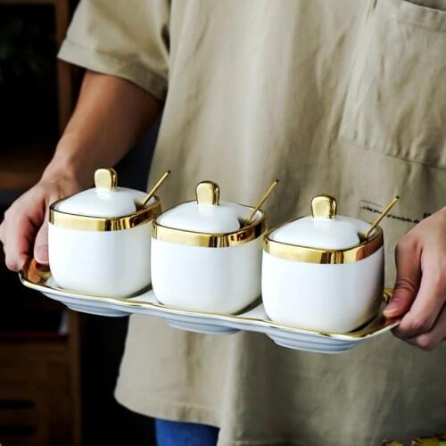 European Luxury White Gold Edge Ceramic Sugar Bowl Salt Cans shaker Seasoning Jar bottle Lid Spoon Four-piece Household Set