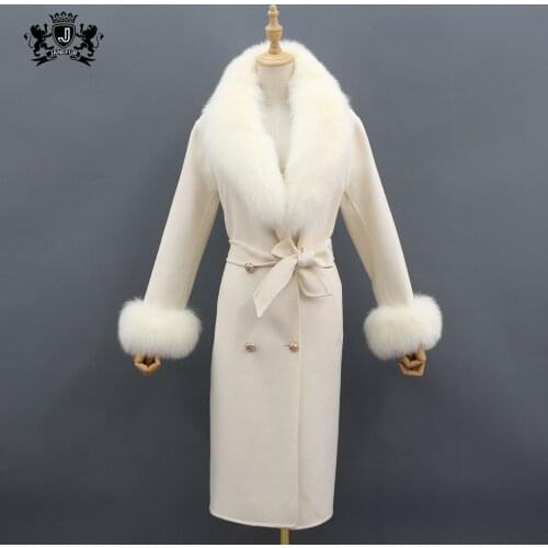Janefur Cashmere Coat Real Fox Fur Womens Outerwear Solid Color Wool Coat Winter Female Elegant Clothes Ladies Streetwear