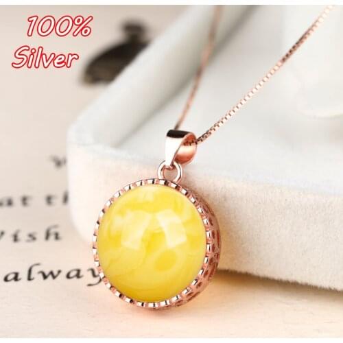 15mm 100% Sterling-Silver Color Plated rose gold round Pendant base blan set with honey wax amber female style Jewelry
