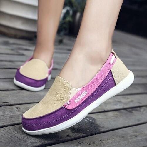 Spring and Autumn Womens Flat Shoes Loafers Lightweight Color-blocking Leisure Canvas Silp-on
