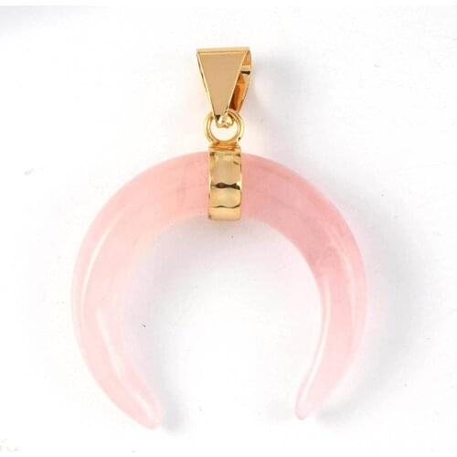 Trendy-Beads Popular Light Yellow Gold Color Natural Rose Pink Quartz Crescent Moon Pendant Charm Jewelry