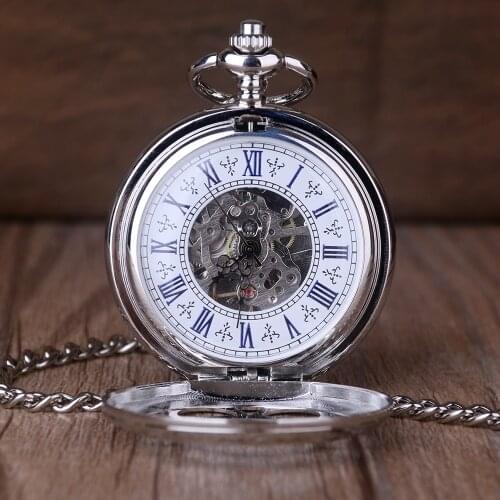 5pcs Fashion Silver pendant Mechanical Pocket Watch Double Open With Metal Chain Steampunk Watch Roman Number Unisex