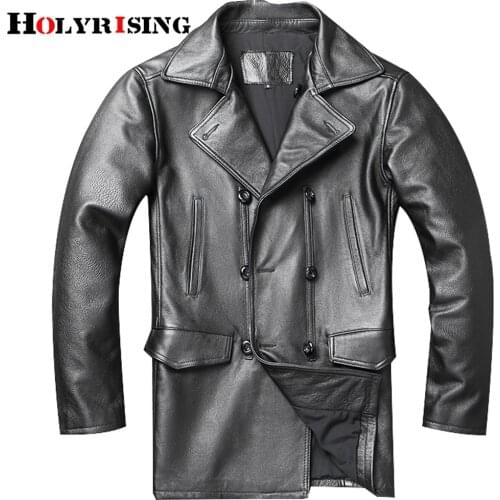 5XL Cowhide leather jacket mens mid-length lapel windbreaker Europe style slim coat double-breasted leather men coat trench