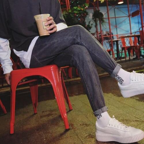 Men Casual blue Harem Jeans Slim in Straight New Fashion High-quality Elastic Waist Jeans Long Trousers Denim pencil Pants 34/33