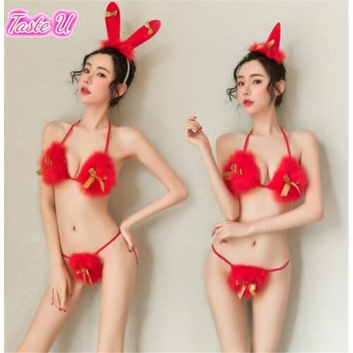 New Female Sexy Christmas Lingerie Furry Red Bra Thong Three-point Set Bunny Girl Cosplay Extreme Porne Uniform Temptation