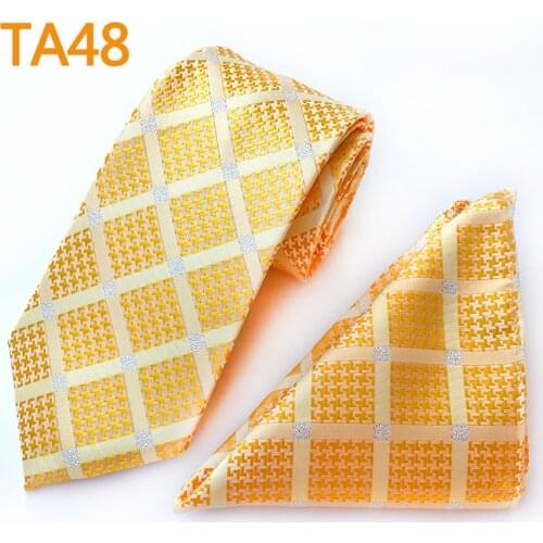 New Fashion Mens Ties Set Golden Yellow Plaids Necktie with High Quality Woven Pocket Square