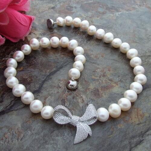10-11MM White Freshwater Pearl Necklace zircon Pendant 18"