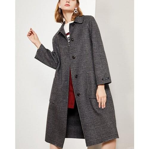 2018 new fashion double face 100%wool women plaid long overcoat grey brown 2color one&over size