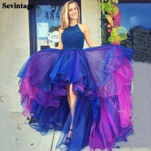 Sevintage Royal Blue Halter Prom Dresses Short Front Long Back Special Occasion Dress Shiny Sequines Formal Party Evening Gowns