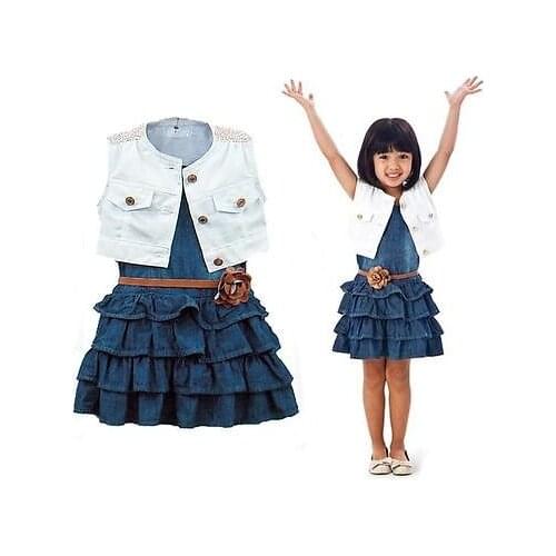 Hot Girls Dress Baby Children Kids Outfit Clothing Clothes Coat Floral Denim Dress 2Pcs Set Suit