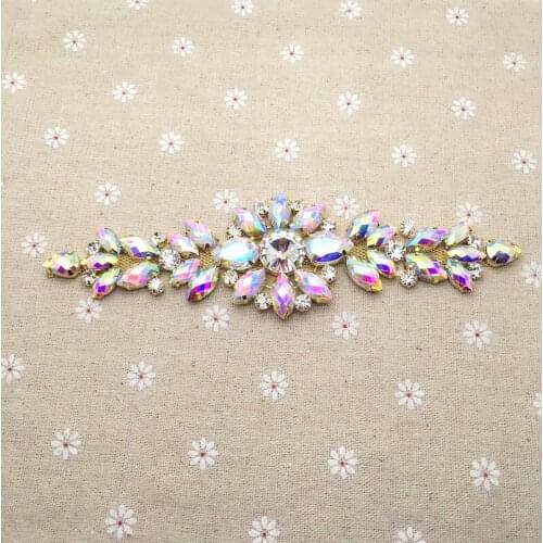 18.2*5.5cm Crystal AB Golden Base Flower rhinestone applique Belt For wedding evening dress Decoration sewing on Rhinestone