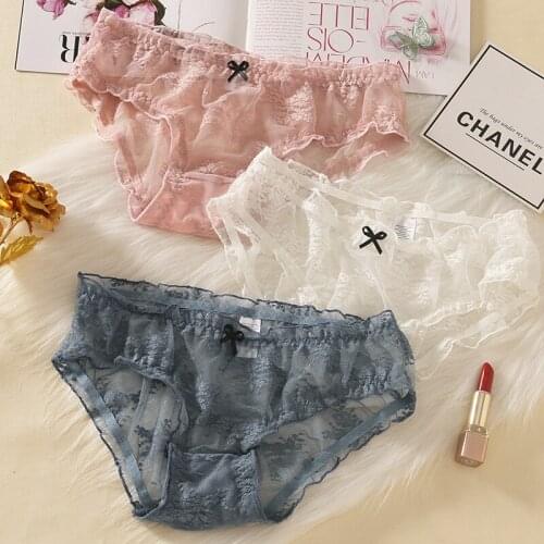 Sexy Women Lace Panties Underwear Lace Briefs Transparent Floral Bowknot Soft Lingerie