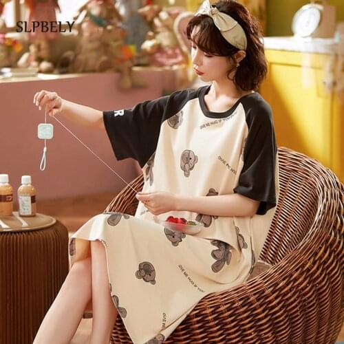 SLPBELY Cute Cartoon Sleepwear For Women Nightgowns Dressing Gown Summer Lovely Nightdress Cotton Nighty Sleepshirt Pyjamas 2021