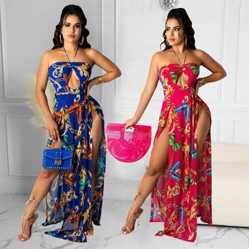 SUJYing 2021 Summer New Fashion Womens Sexy Gallus Printing Boob Tube Top Split Skirt Dress Maxiskit