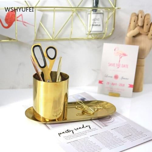 WSHYUFEI Golden storage tube cosmetic storage bucket jewelry decoration pen holder makeup brush storage box home office supplies