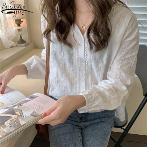 2021 Korean New Style Solid Cotton Simple Women Tops and Blouses Sweet Lace V-neck Puff Sleeve Shirt Women Ladies' Tops 10914