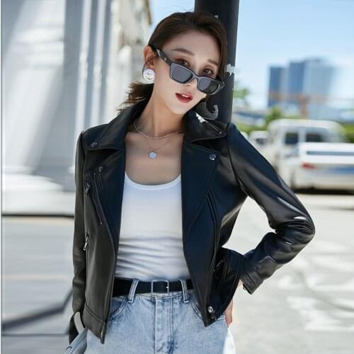 Womens Moto Biker Zipper Jacket for Autumn Spring 2021 New Casual Asymmetric Zip Leather Jackets Female Genuine Sheepskin Coat